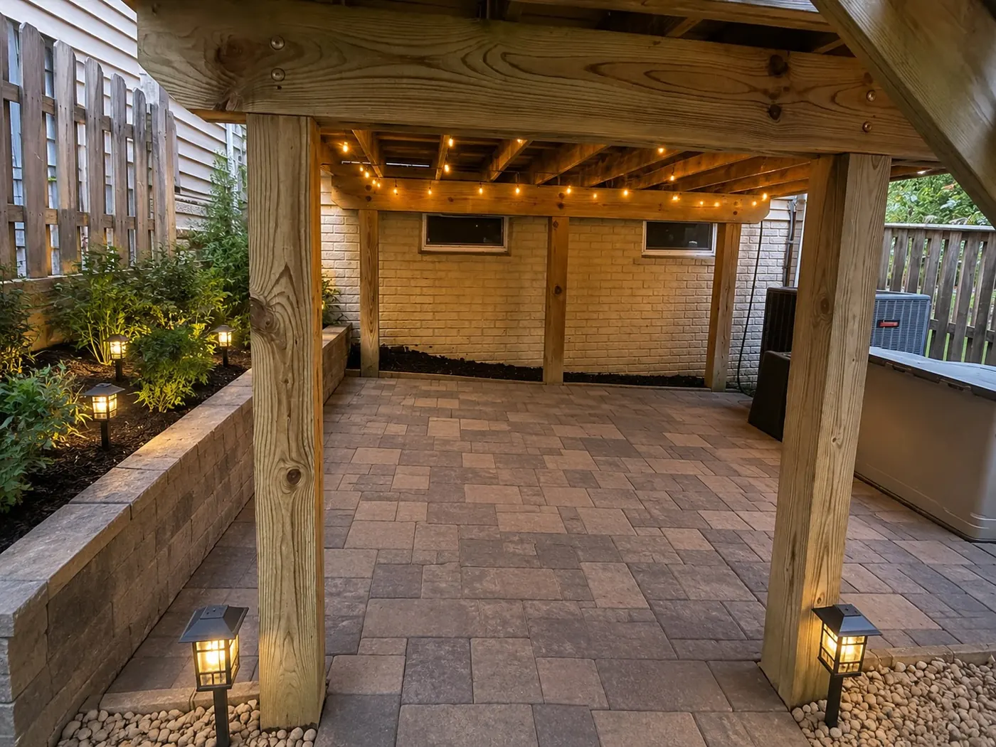 Covered paver patio with warm string lights and garden lighting